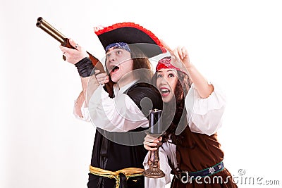 Two scared pirates on white background Stock Photo