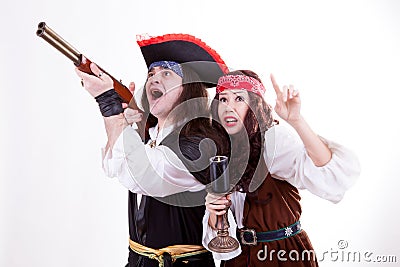 Two scared pirates on white background Stock Photo