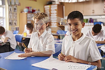 Two schoolboys in a primary school class, looking to camera Stock Photo