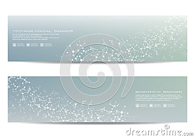 Two scientific banners. Molecular structure of DNA and neurons. Geometric abstract background. Medicine, science Vector Illustration