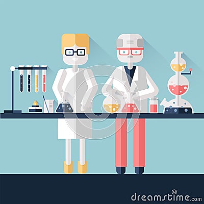 Two scientist chemists in white lab coats in a scientific laboratory. Man and woman make a chemical experiment with Vector Illustration