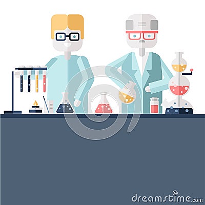 Two scientist chemists in white lab coats in a scientific laboratory. Man and woman make a chemical experiment with Vector Illustration