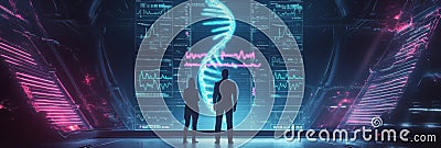 Two scientists observe complex DNA sequences on glowing screens in a high-tech lab during a research session focused on Stock Photo