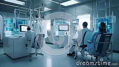 Two scientists in protective labcoats working in bio laboratory, neural network generated image Stock Photo