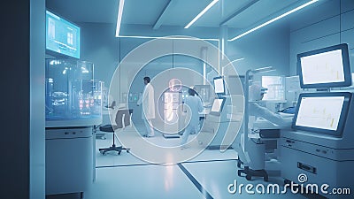 Two scientists in protective labcoats working in bio laboratory, neural network generated image Stock Photo