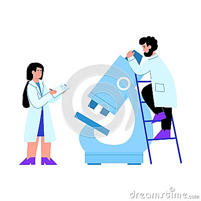 Two scientists in science laboratory looking at microscope, taking notes Vector Illustration