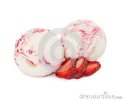 Two scoops of vanilla-strawberry ice cream with fresh strawberri Stock Photo