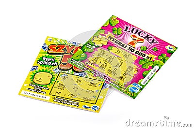 Two scratch off Polish lottery tickets. Gambling, winning money, two lottery paper coupons, tickets, scratchies, scratch cards Editorial Stock Photo
