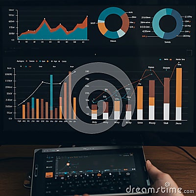 Two screens display data visualizations. The larger screen shows three charts: a line Stock Photo