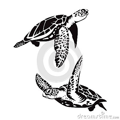 Two sea turtle swimming silhouette Vector Illustration