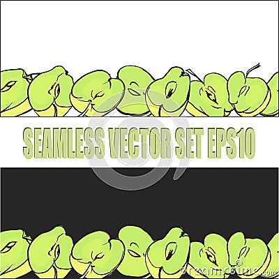 Two seamless horizontal pattern of green delicious apples. Vector Illustration