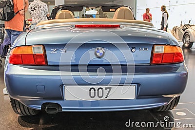 Two-seat BMW Z3 sports roadster in the exhibition hall of the BMW Museum. It was produced from 1995 to 2002 Editorial Stock Photo