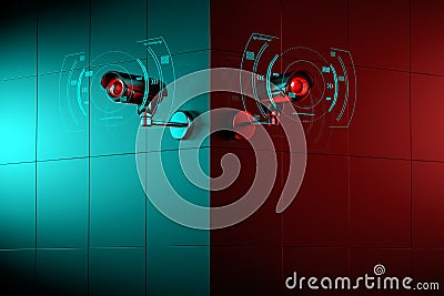 Two security CCTV cameras with futuristic interface surrounding it, as they scan for violation. 3D rendering Stock Photo