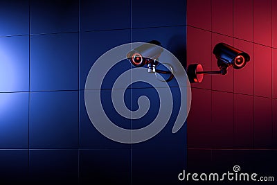 Two security CCTV cameras on the wall corner; copy space for text included. The good and the bad side of surveillance concept. 3D Stock Photo