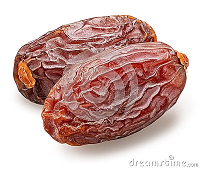 Two semi-dry dates, or date palm fruits isolated on white background. File contains clipping path Stock Photo