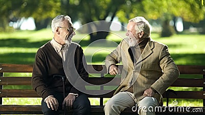 Two senior people laughing remembering young years sitting on bench in park Stock Photo