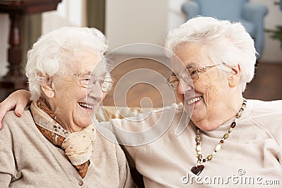 Two Senior Women Friends At Day Care Centre Stock Photo