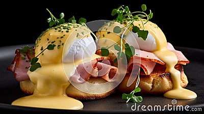 Two servings of eggs benedict on black plate Stock Photo