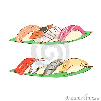 Two sets of nigiri sushi served on flat banana leaves. Sushi with fish and nori. Vector Illustration