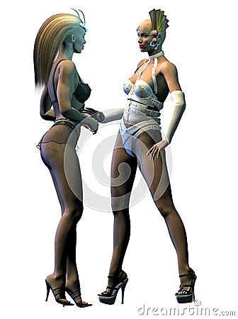 Two alien women are speaking Cartoon Illustration