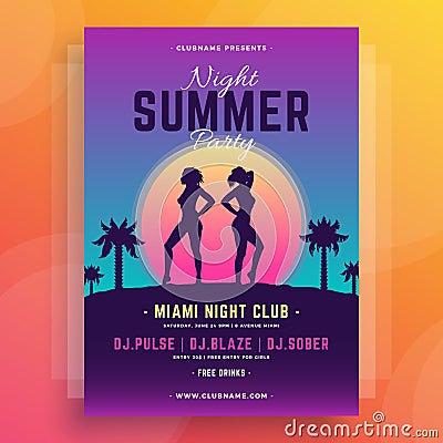 Two sexy naked woman neon sun paradise palm trees summer party poster template design vector Vector Illustration