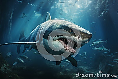 Two sharks elegantly roam the deep sea realm in captivating harmony Stock Photo