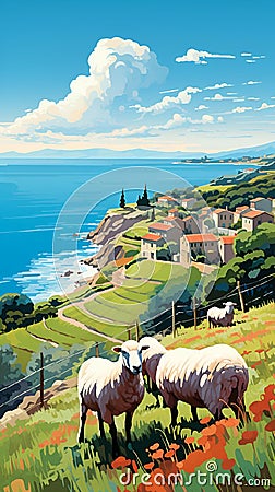 two sheep grazing near a small rural beach and ocean landscape Cartoon Illustration