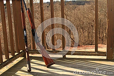 Two shot guns at sporting clay range Stock Photo