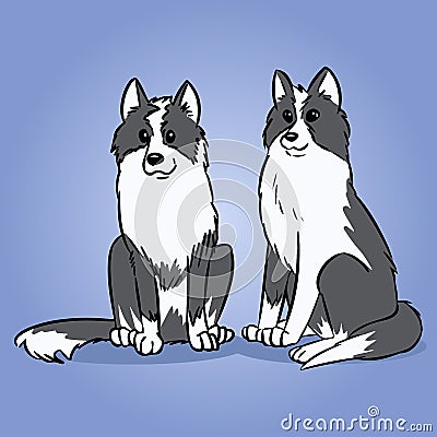Two Siberian Husky or Laika Dogs. Cute dogs illustration. Domestic animal or pet with black and white coat in cartoon style Vector Illustration