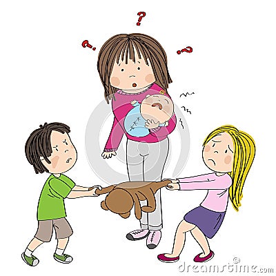 Two siblings brother and sister fighting, pulling teddy bear toy, boy is angry and girl is tearful. Their mum looking puzzled Vector Illustration