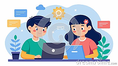 Two siblings work together troubleshooting each others code as they collaborate on a joint project for their virtual Vector Illustration