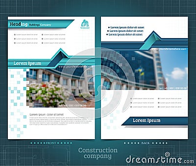 Two sided brochure or flyer template design with exterior building blurred photo ellements Vector Illustration