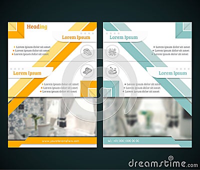 Two sided brochure or flyer template design with interior blurred photo ellements. Vector Illustration