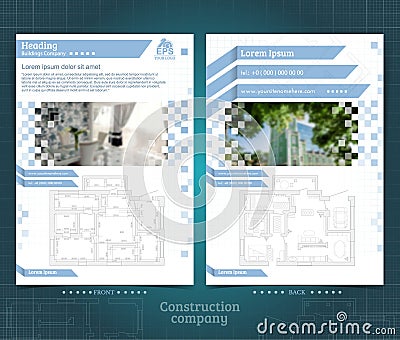 Two sided brochure or flyer template design with interior and exterior blurred photo ellements Stock Photo