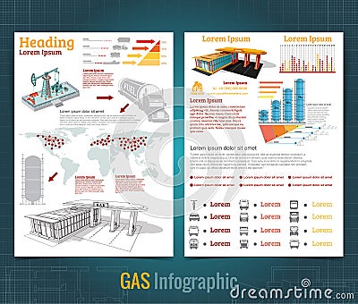 Two sided business brochure or flyer, sketch gas station infographic realistic gas station with abstract diagrams Vector Illustration