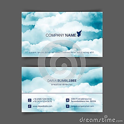 Two-sided horizontal flyer of a4 format with watercolor blue-white sky Vector Illustration