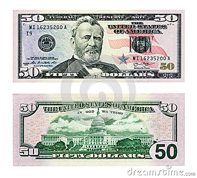 Two sides of a fifty dollar banknote isolated on a white Stock Photo
