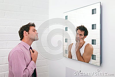 Two sides of getting ready in the morning Stock Photo