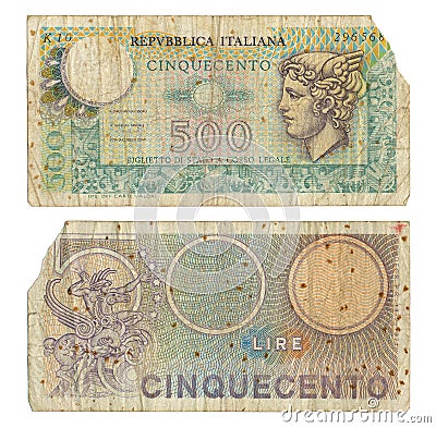 Discontinued Italian 500 Lire Money Note Stock Photo