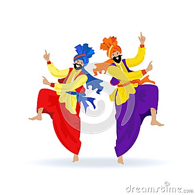 Two Sikh men in turbans and bright clothes dancing traditional bhangra dance at Lohri festival or party Vector Illustration