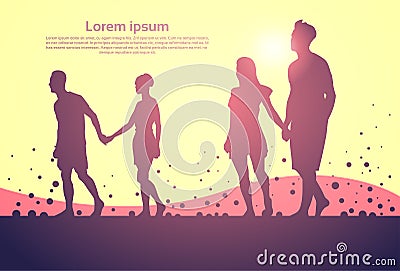 Two Silhouette Couple Man And Woman Walk Holding Hands Full Length Over Abstract Background Vector Illustration