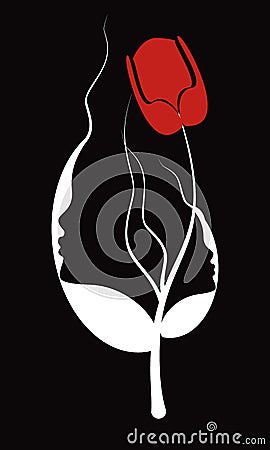 Two silhouette faces of girls from a flower. beautiful line of the female face. Red tulip and female face Vector Illustration