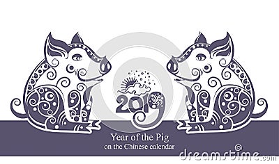 Two silhouettes of stylized pigs decorated with ornament. Cartoon Illustration