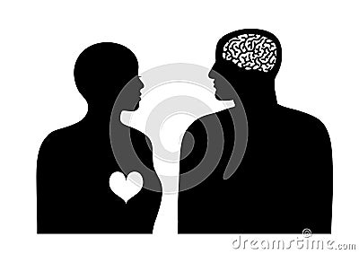 Two silhouettes woman with heart and man with brain. Logic and emotion concept. Psychology of relationships. Gender Vector Illustration