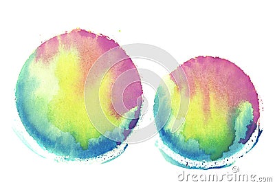 Two similar multicolored rounds. Colorful watercolor sphere. Abstract painting. Stock Photo
