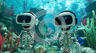 Two skeletons wearing virtual reality headsets in an underwater scene, AI Stock Photo