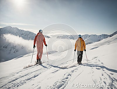 Two skiers walking in the winter mountains Stock Photo