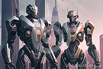 two sleek and modern robots standing in a futuristic city, surrounded by towering skyscrapers Stock Photo