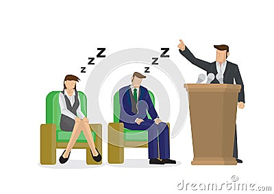 Two sleepy and bored employees at a business speaking presentation. Showing a problem and failure in the company culture. Vector Vector Illustration