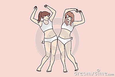 Slender women in swimsuits bumping hips rejoice at result of losing weight after diet. Vector image Vector Illustration